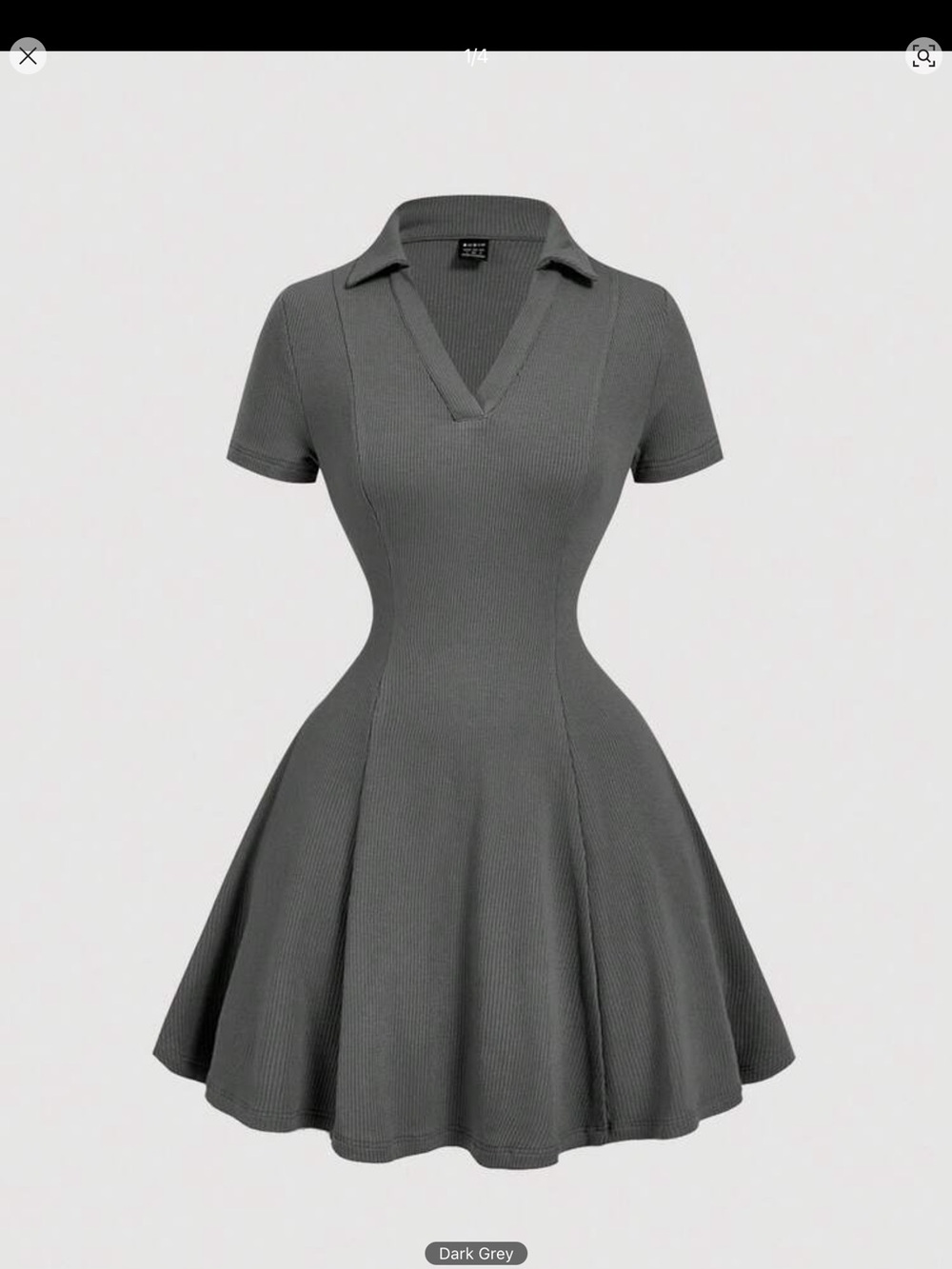 Gray Collared V-Neck Ribbed Skater Dress